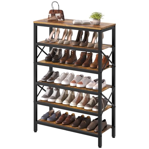 YATINEY 6-Tier Tall Shoe Rack Organizer, Wooden Shoe Storage for Closet Holds 24 Pairs, Sturdy Shoe Shelf with X-Shaped Metal Support, for Entryway, Bedroom, Rustic Brown and Black SS206BR YATINEY
