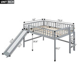Merax Full Size Wood Low Loft Bed Frame with Slide for Kids Girls Boys,Full Length Guardrails, Gray Merax
