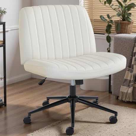 DUMOS Criss Cross Chair with Wheels, Wide Cross Legged Office Desk Vanity Chairs, Faux Leather Armless Adjustable Swivel Chairs for Home Computer Task, Beige DUMOS