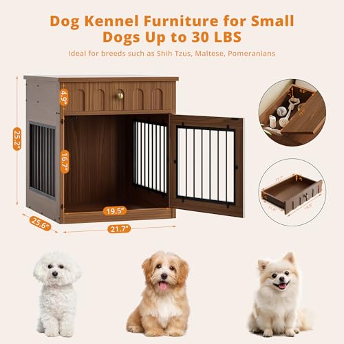 IRONCK Dog Crate Furniture, Wooden Dog Crate with Drawer and Flip-Top Storage, Indoor Dog House End Table for Small Breeds, for Living Room, Bedroom, Walnut IRONCK
