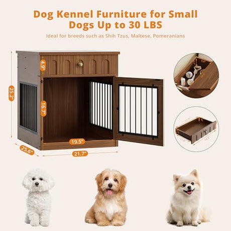 IRONCK Dog Crate Furniture, Wooden Dog Crate with Drawer and Flip-Top Storage, Indoor Dog House End Table for Small Breeds, for Living Room, Bedroom, Walnut IRONCK