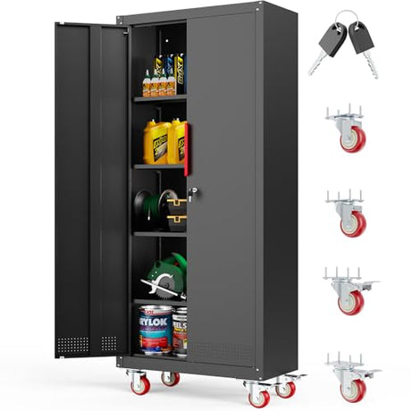 LMTC 71" H Garage Storage Cabinet with 4 Adjustable Shelves and Wheels, Lockable Metal Storage Cabinet for Garage, Home, Warehouse, Assembly Required,Black LMTC