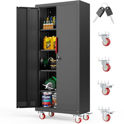 LMTC 71" H Garage Storage Cabinet with 4 Adjustable Shelves and Wheels, Lockable Metal Storage Cabinet for Garage, Home, Warehouse, Assembly Required,Black
