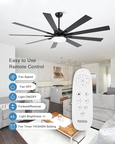 POCHFAN 72 inch Large Ceiling Fans with Lights and Remote Control, Modern Black Ceiling fan with 9 Wooden Blades for Kitchen Living Room Patio, Quiet DC Motor, 3 CCT Dimmable,6 Speed - WoodArtSupply