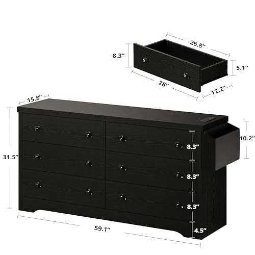 LIKIMIO Dresser for Bedroom 6 Drawer with Charging Station, TV Stand Storage Chest of Drawers for Living Room Hallway Entryway, MDF Board, 59 Inches Black LIKIMIO