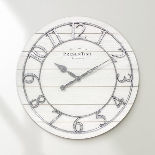 Presentime & Co Classic Farmhouse Shiplap Clock, 19.5 inch, Galvanized Finish Arabic Numerals with White Shiplap Style. Large Farmhouse Decor for Living Room, Entryway, Home Office. Wall Décor Presentime