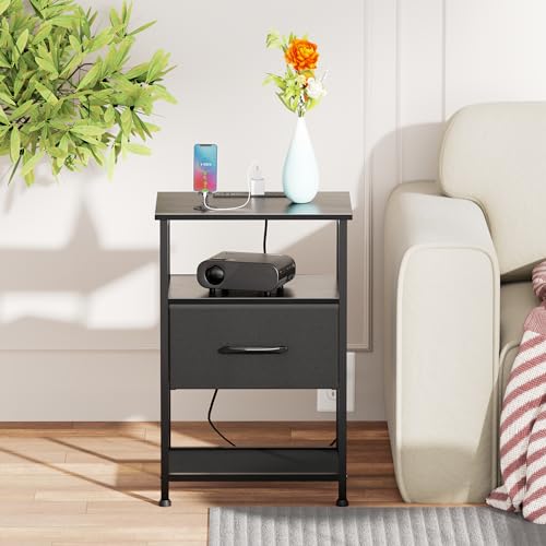LAKEMID Nightstands Set of 2 with Fast Charging Station and Drawer, End Table Bedside Table with 20 Colors LED Light Strip and 2 Layers Shelf for Bedroom Living Room Sofa Couch (Black) LAKEMID