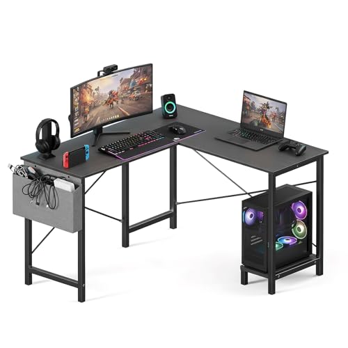 OLIXIS L Shaped Desk, 50-Inch Office Computer Gaming Desks Corner PC Table with Side Bag and Reversible Shelf for Home Work Study Writing Black OLIXIS
