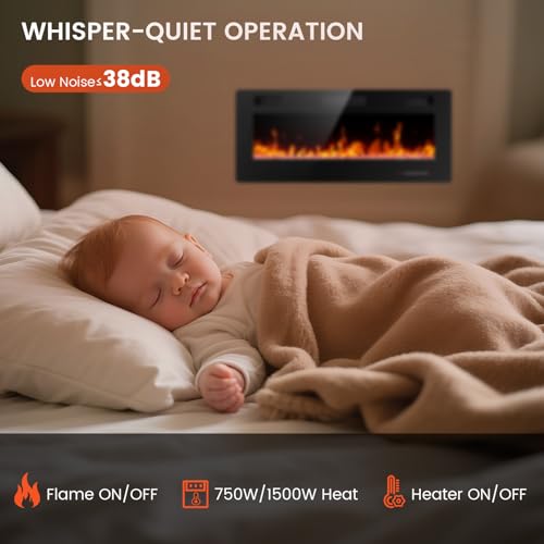 Electactic Electric Fireplace 42 inch, Recessed and Wall Mounted Electric Fireplace with Remote Control, Fireplace Heater, Linear Fireplace with Timer, Adjustable Flame Color, 750w/1500w, Black Electactic