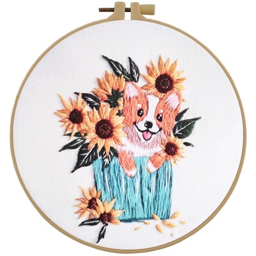 Esffaci Embroidery Starter Kit for Adult Beginner with Dog Sunflower Pattern Hand Embroidery Set with Embroidery Cloth Hoop Needle Threader Embroidery Floss and Instruction