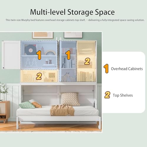 MERITLINE Twin Horizontal Murphy Bed with Storage Cabinet, LED Light and Charging Station,Wood Folding Murphy Wall Bed Cabinet with Bookcase and Shelves for Adult (White) MERITLINE