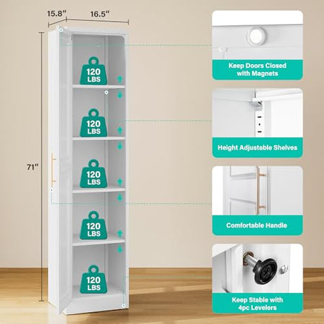 SISESOL 71" Tall Narrow Storage Cabinet with 1 Door and 5 Shelves,Slim Kitchen Pantry Cabinet,White Metal Bathroom Cabinets,Large Cupboard for Home,Kitchen,Laundry,Bathroom SISESOL
