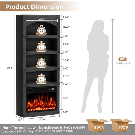 BREEZEHEAT 23 Inch Electric Fireplace with Bookcase, 70" Tall Arched Bookshelf w/LED Light, Timer, Realistic Flame Effect, Modern Storage Accent Bookshelf for Home, Office, Living Room, Black BREEZEHEAT