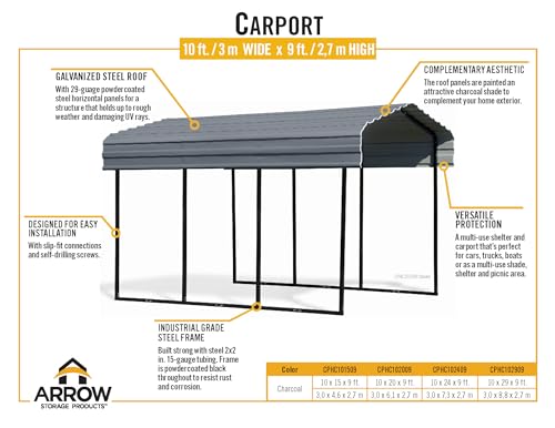 Arrow Carports Galvanized Steel Carport, Compact Car Metal Carport Kit, 10' x 15' x 9', Charcoal Arrow Shed
