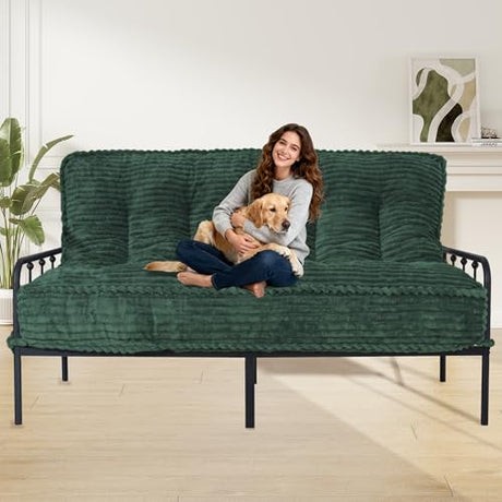 8 Inches Futon Mattress Queen Size, Futon Sofa Couch Bed with Straps, Thick Corded Fabric Floor Futon Mattress for Adults, Sleeping Mat Foldable Mattress for Camping, Green(Frame Not Included) Bliss Homey