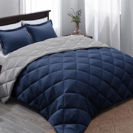 Basic Beyond Full Size Comforter Set - Navy and Grey Comforter Set Full, Reversible Comforter Full Size Set, 1 Comforter (82"x92") and 2 Pillow Shams (20"x26"+2") Basic Beyond