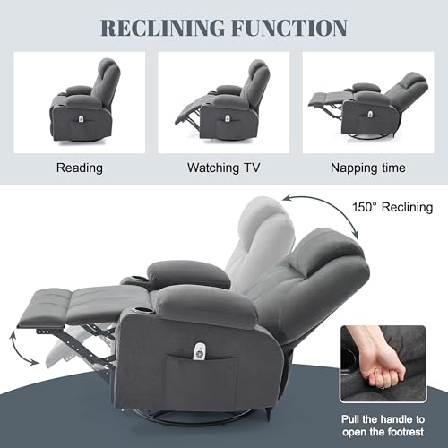 Weture Oversized Swivel Rocker Recliner Chair with Heat and Massage, Big Large Recliner Chair for Living Room, 360 Degree Swivel Rocking Single Sofa with Cup Holders and USB Port (Fabric, Darkgrey)