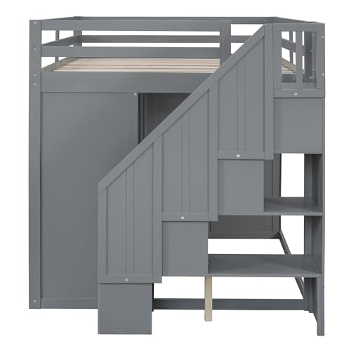 Merax Full Size Wood Loft Bed with Built-in Wardrobes,Wood Loft Bed with Multiple Storage Cabinets and Drawers for Bedroom,Gray Merax