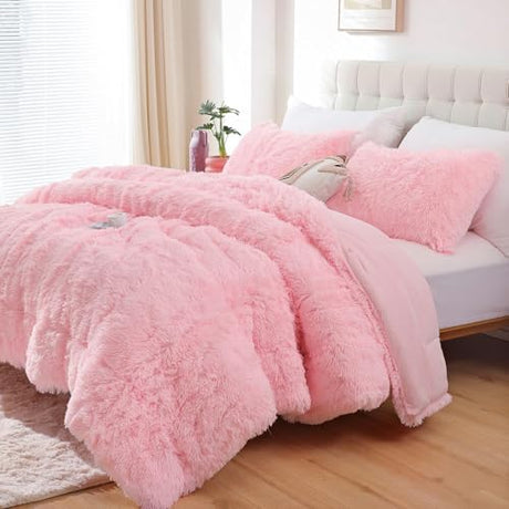 Smoofy Fluffy Full Size Comforter Set, Faux Fur Pink Comforter Set, Luxury Fuzzy Bedding Set, Soft Shaggy Full Bed Set for All Season, 3 Pieces - 1 Comforter & 2 Pillowcases Smoofy