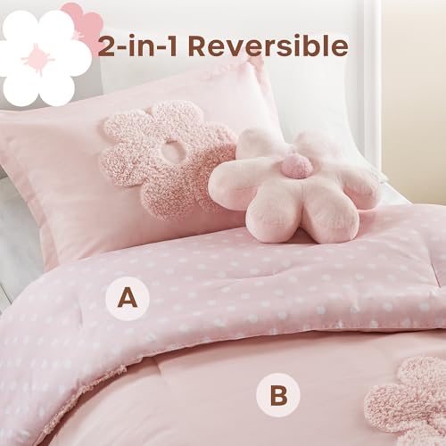 Intelligent Design Kids Twin Comforter Set for Girls, Tufted Chenille Floral Comforter Set Twin, Lightweight Polka Dot Comforter Reversible Bed Set, Sham, Pillow, Gracie, Twin Pink 3 Piece Intelligent Design