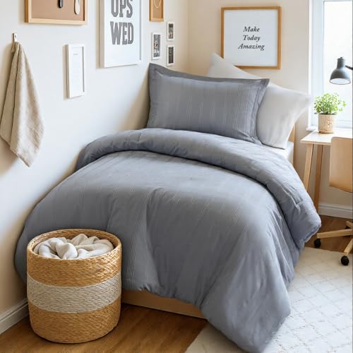 Madison Park Essentials Striped Duvet Cover Set Twin/Twin XL, Modern Minimalist Bedding Set with Premium Jacquard Stripe, 2 Pieces Duvet Cover Reversible with Zipper Closure & Corner Ties,Blue/Grey Madison Park Essentials