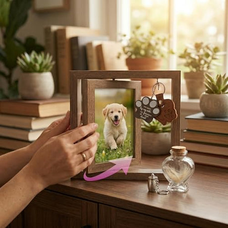 Kinerby Rotating Pet Memorial Photo Frame 4x6, Solid Wood Dog and Cat Loss Sympathy Gift with Fur Keepsake Bottle & Ash Pendants, Double-Sided Remembrance Picture Display for Grieving Pet Owners Kinerby