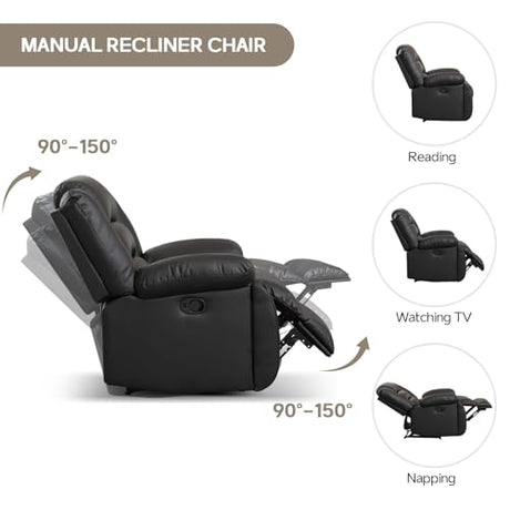 EBELLO Manual Recliner Chair, Faux Leather Reclining Chair with Hidden Cup Holders, Overstuffed Armrests and Back, Manual Single Sofa for Adult, Black EBELLO