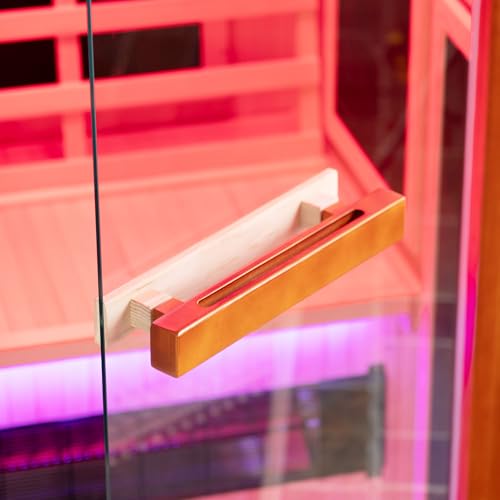 Woodbridge Infrared Home Sauna Room 1 Person Japanese Cedar Indoor Sauna with 7 Carbon Heaters, Red Light Therapy, Bluetooth Speaker, Intelligent Control Panel, Tempered Glass & Top Vent WOODBRIDGE