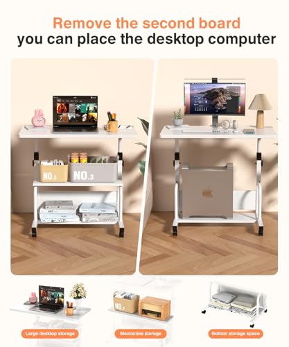 QZMDSM Portable Desk with Wheels Small Standing Desk on Wheels Adjustable Height Rolling Desks for Small Spaces, 32" Computer Desks with Storage Shelves for Home Office Study White QZMDSM