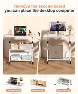 QZMDSM Portable Desk with Wheels Small Standing Desk on Wheels Adjustable Height Rolling Desks for Small Spaces, 32" Computer Desks with Storage Shelves for Home Office Study White QZMDSM