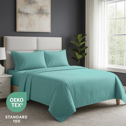 Pure Bedding Bed Sheets - King Sheet Set [4-Piece, Aqua] - Hotel Luxury 1800 Brushed Microfiber - Soft and Breathable - Deep Pocket Fitted Sheet, Flat Sheet, Pillow Cases Pure Bedding