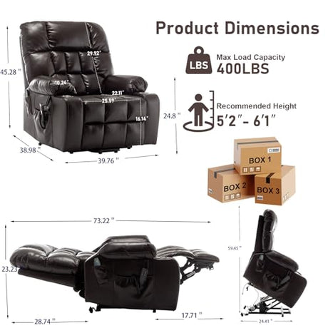 RHHVVR Oversized Power Recliner Chair for Big and Tall 400 LBS, 25.5" Extra Wide Electric Lift Chair with Heat and Massage, Dual Motor 180° Lay Flat Recliner Living Room Sofa, PU Leather Big Recliner RHHVVR