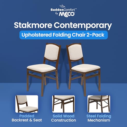 MECO Stakmore Contemporary Premium Solid Wood Dining Compact Folding Chair Set with Fabric Padded Upholstered Seat, Fruitwood, Set of 2