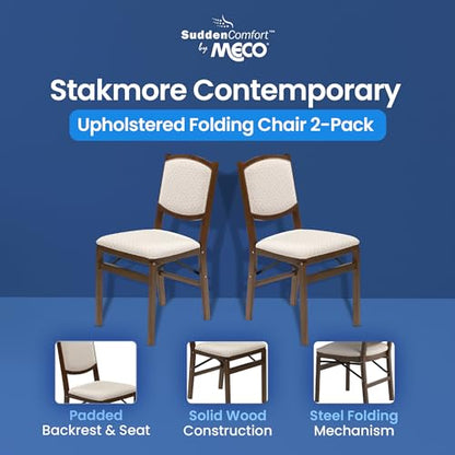 MECO Stakmore Contemporary Premium Solid Wood Dining Compact Folding Chair Set with Fabric Padded Upholstered Seat, Fruitwood, Set of 2