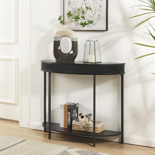 unipaws Fluted Half Moon Console Table, Modern 2-Tier Black Entryway Console, Sofa Back Table for Living Room, Hallway & Foyer (36" Width) unipaws