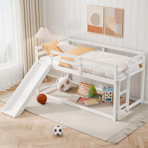 Callales Twin Bunk Bed with Slide, Solid Pine Wood Loft Bed Frame for Kids, Toddlers, Floor Loft Low Bunk Bed Twin Over Twin with Ladders, Safety Guardrails, Storage Space, Bedroom (White) Callales