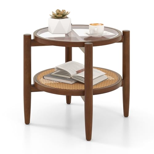 Giantex Rattan Round End Table, Walnut Boho Nightstand with Tempered Glass Top and Acacia Wood Legs, 2-Tier Side Table with Storage, Bedside Tables for Small Spaces Living Room Bedroom - WoodArtSupply