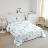 jejeloiu Cute Blue Bow Bedding Set Twin Size Ribbon Bow Comforter Set for Kids Women Cartoon Love Heart Duvet Set Blue White Quilt Set 2Pcs jejeloiu