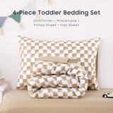Wake In Cloud - Toddler Bedding Set for Boys Girls, Cute Gingham Grid Checkered, 4 Pieces Soft Crib Bed Set Including Comforter, Sheets and Pillowcase, Brown White Wake In Cloud