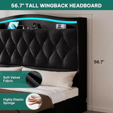 DWVO King Size Bed Frame with 4 Storage Drawers and RGB LED Lights, 57'' Tall Headboard Velvet Upholstered Bed with Charging Station, No Box Spring Needed, Easy Assembly, Noise-Free, Black DWVO