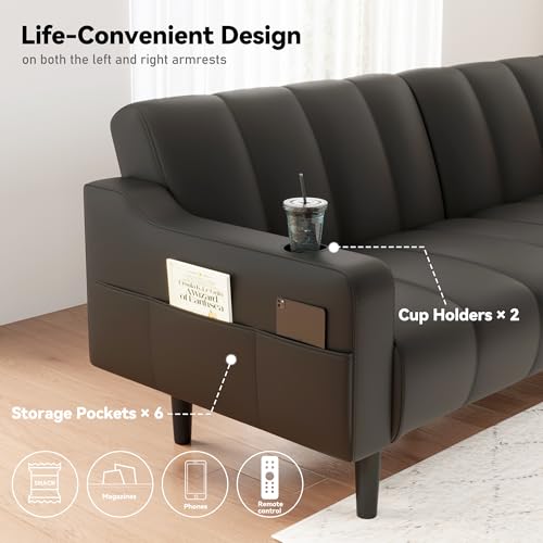 Chfeloai 80'' Futon Sofa Bed,Faux Leather Futon Sleeper Sofa, Convertible Loveseat with Adjustable Sofa Backrest,Modern Couches for Living Room, Bedroom, Apartment, Office (Black) Chfeloai