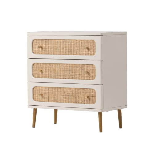 LONYKE Wicker Rattan Chest of Drawers, 3-Drawer Dresser, White Finish Wooden Storage Cabinet, Modern Farmhouse Accent Table, Boho Mid-Century Coastal Sideboard LONYKE