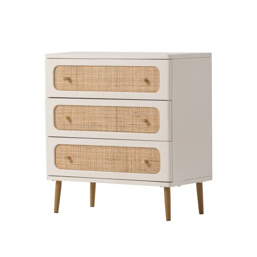 LONYKE Wicker Rattan Chest of Drawers, 3-Drawer Dresser, White Finish Wooden Storage Cabinet, Modern Farmhouse Accent Table, Boho Mid-Century Coastal Sideboard - WoodArtSupply