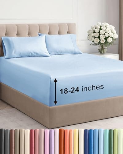 Extra Deep Pocket Queen Sheet Set - 4 Piece Breathable & Cooling Bed Sheets - Hotel Luxury Sheet Set - Soft, Wrinkle Free & Comfy - Easily Fits Extra Deep Mattresses - Deep Pocket Light Blue Sheets CGK Unlimited