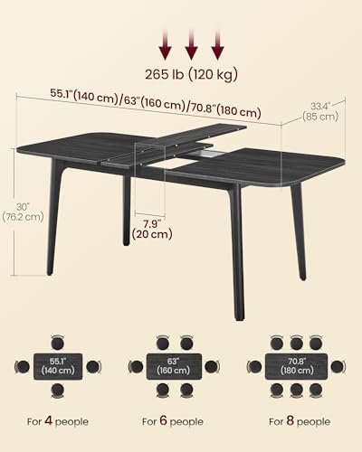 VASAGLE MAEZO Collection - Extendable Dining Table for 4/6/8, Kitchen Table with Tapered Legs, Curved Transitions, for Dining Room, Kitchen, Home Office, Charcoal Gray UKDT090B01V1 VASAGLE