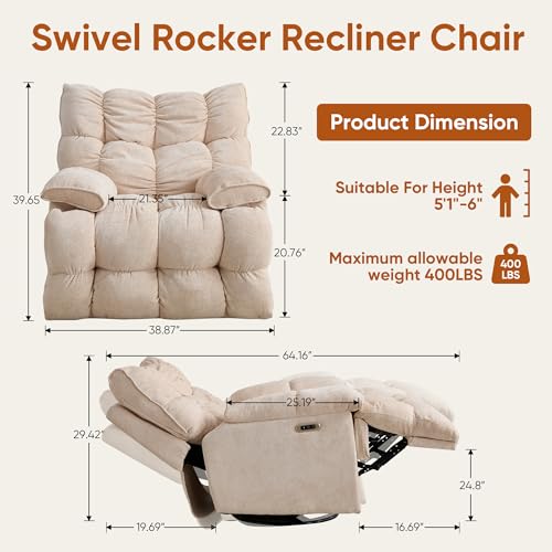 Atrtivoent Oversized Swivel Power Rocker Recliner,Electric Recliner Chairs for Adults,Extra Wide Seat Recliners,Upholstered Nursery Reclining Glider Chair,Swivel Chairs for Living Room,Beige
