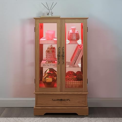 VeroFree Lighted Glass Curio Display Cabinet with Adjustable Shelves – 2 Doors, 1 Drawer, Led Lights, Elegant Light Oak Finish for & Office Decor (1 Drawers + 2 Doors + 1 Shelves) VeroFree