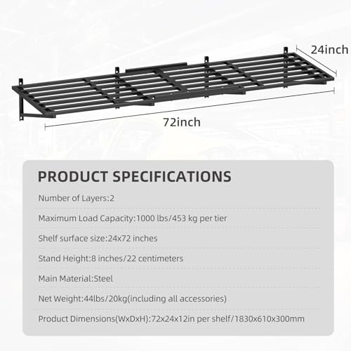 DEYEGELEA 2-Pack Garage Wall Shelves 2x6Ft Garage Storage Shelving Wall Mounted Loads 2000lbs Heavy Duty Sturdy Wall Shelves Strong Garage Organiser Black Metal Floating Storage Racks