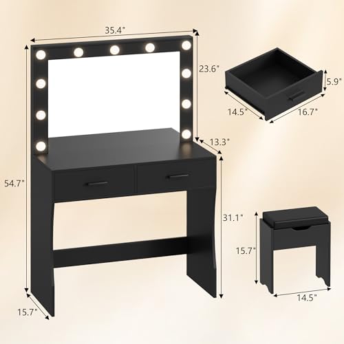 YESHOMY Makeup Vanity Desk with Large Lighted Mirror，35.4 Inch Makeup Vanity Table with 2 Drawers，Soft-Padded Storage Stool，3 Lighting Modes Available, Suitable for Bedrooms（Black） YESHOMY