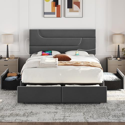 Yaheetech Dark Gray Upholstered Queen Bed Frame with USB Charging and 4 Storage Drawers - WoodArtSupply